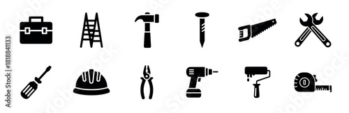 Set of black construction tool icons including a hammer, saw, drill, wrench, ladder, and hard hat for repair and building projects, presented in a simple glyph style