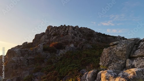 Granite Rugged Mountain Peaks Of Monte Louro In The Province Of A Coruña, Galicia, Spain. Aerial Drone Shot
