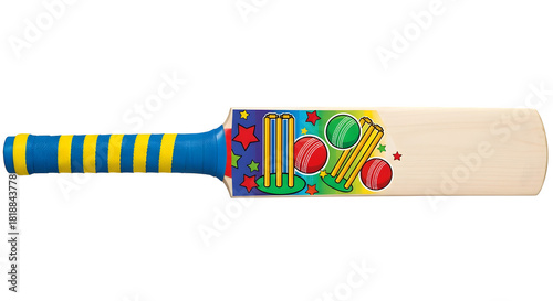 Colorful toy cricket bat with cartoon design isolated on transparent background for children s play