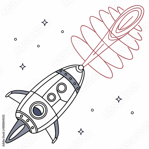 Retro style cartoon rocket ship blasting off into outer space with stars and cosmic energy trails