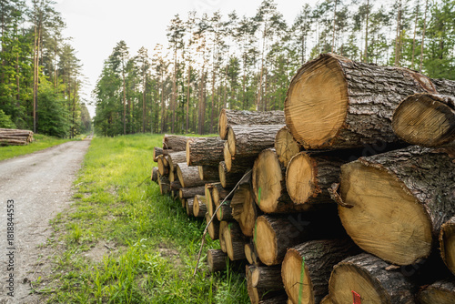 Fotografi Pine timber logs stacked in forest, wood industry