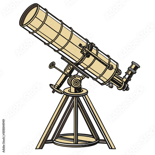 Vintage brass astronomical telescope on a wooden tripod stand for observing stars and planets