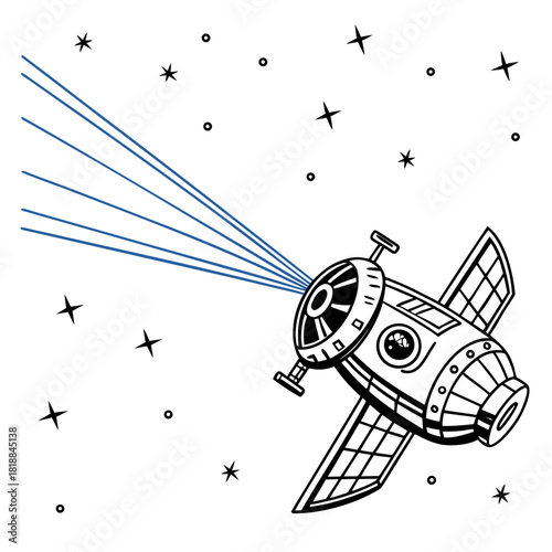 Stylized cartoon satellite in outer space transmitting blue beams of light surrounded by stars and planets
