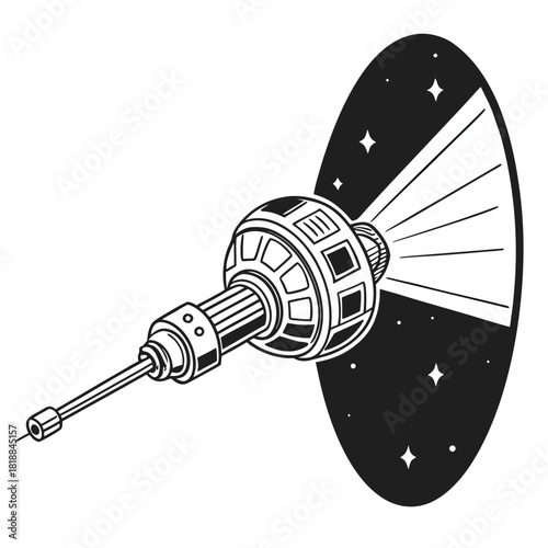 Retro style illustration of a satellite broadcasting a signal into the vastness of space with stars