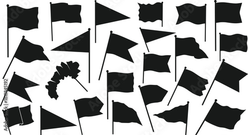 Set of waving flag and pennant silhouettes with different shapes black vector collection.