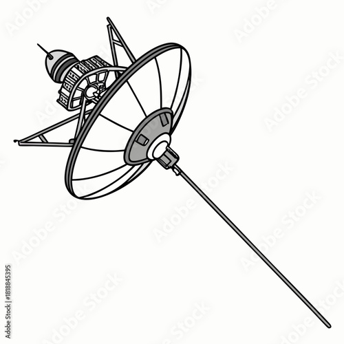 Detailed illustration of a deep space probe with a large parabolic dish antenna and a long slender boom against a white background