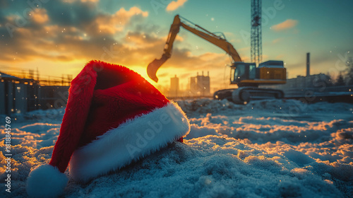 A red Santa‑Claus hat lies on the ground of a winter construction site, with a blurred background of cranes and an excavator in the rays of the setting sun.