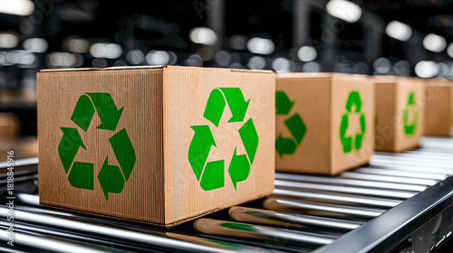 Cardboard boxes with a green recycling symbol are moving along a metal conveyor inside a modern warehouse or logistics center.