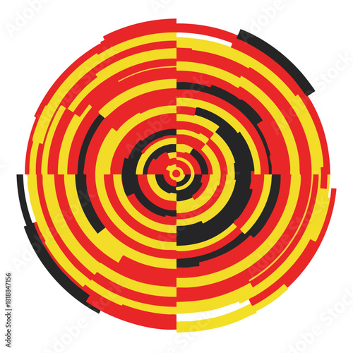 A vibrant abstract circular design featuring concentric fragmented rings in bold red, yellow, and black, creating a modern geometric pattern.