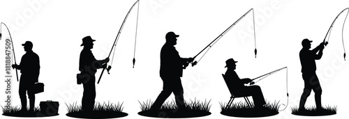 Silhouettes of people fishing in various poses with rods and gear for outdoor recreation, hobby, and nature lifestyle
