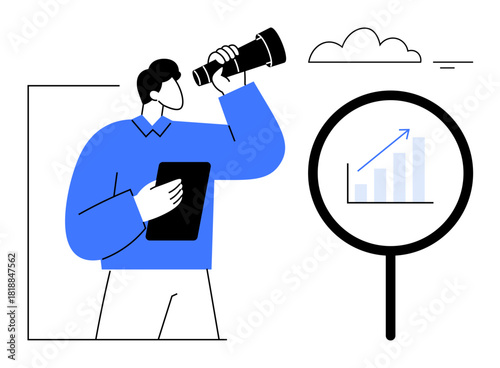 Business growth concept. Businessperson with a telescope and a rising chart business growth, analysis, and strategy. Business growth for planning, marketing, startups, consulting
