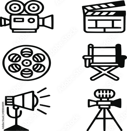 Cinema & Filmmaking Outline Icons  Camera, Clapperboard, and Reel