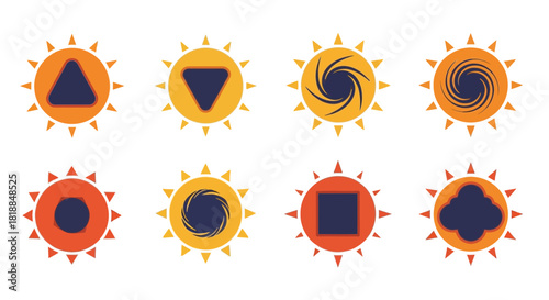 Abstract sun icon set modern abstract shapes geometric design elements vibrant orange yellow blue color palette clean vector art