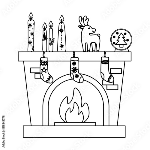 Outline fireplace interior with tall candles and shelf decor