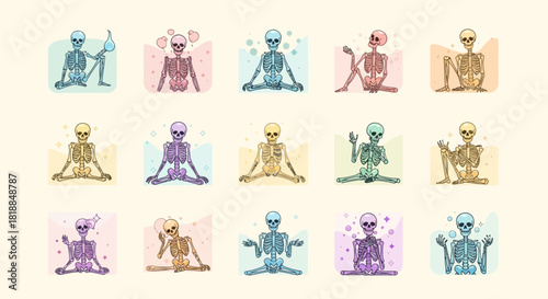 Whimsical skeletons embracing mindfulness and calm poses, perfect for unique wellness and creative projects.