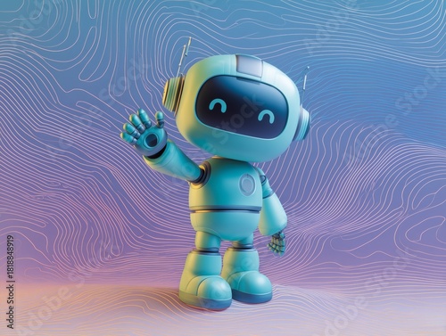 Friendly blue robot waving in a colorful abstract background  