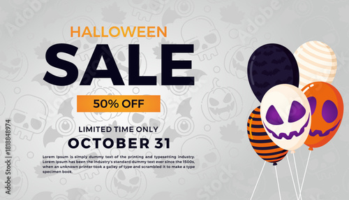 Modern Halloween promotional poster featuring spooky balloons with pumpkin and skull motifs, striking typography, and a 50% discount offer. Illustration Design