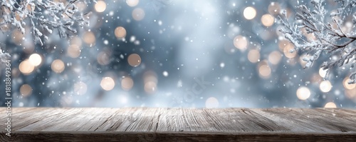 A wooden table with snow-covered branches and bokeh lights in the background for winter-themed designs and holiday decorations.