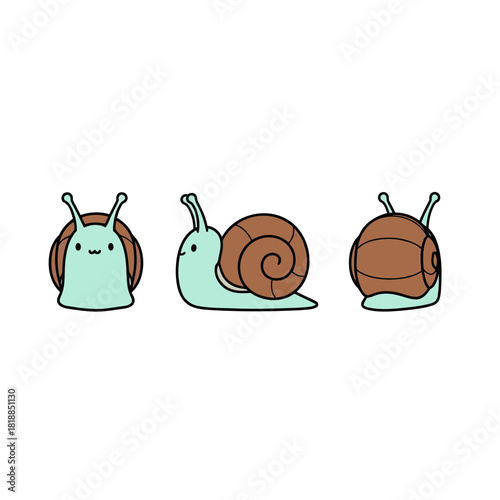 Cute cartoon snail with a spiral shell, slow-moving garden animal character vector illustration in three views (front, side, back) for nature and garden themes.