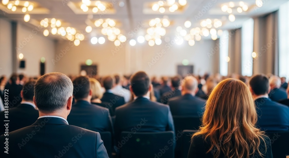 Obraz premium Audience at a conference listening attentively with chandeliers providing light in the room space area