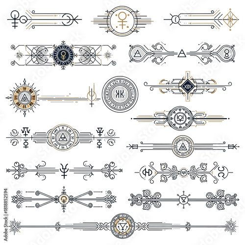 Elegant linear mystical dividers for enchanting designs, ideal for branding, invitations, or magical projects, adding a touch of ancient allure and sophistication