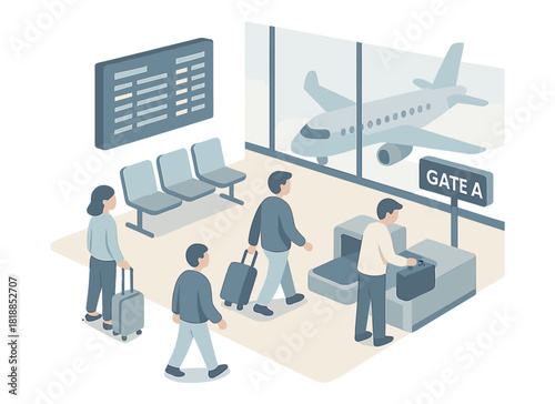 Isometric airport scene with passengers at boarding gate