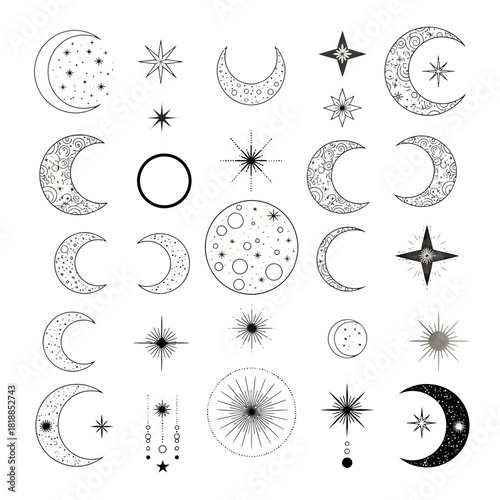 Celestial magic with crescent moons and twinkling stars for astrology enthusiasts, mystical dreams, and enchanting night sky designs, originally a scalable vector graphic