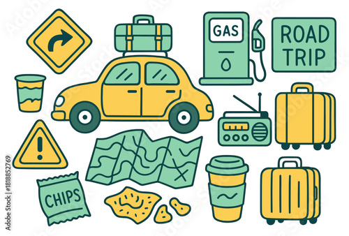 Road trip essentials: car, luggage, map, and gas station icons