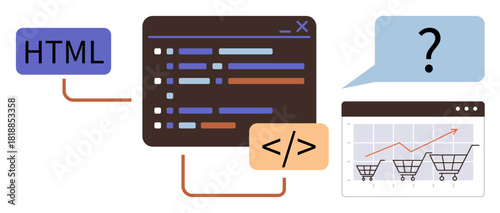 Code editor, HTML, and debugging, linked to e-commerce charts and analytics. Ideal for web design, programming, coding education, online shopping, data analytics problem-solving simple flat