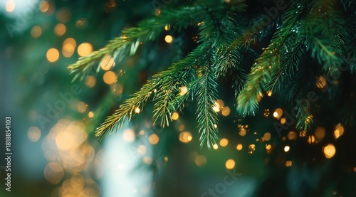 Close - up of Christmas Tree Branches with Blurred Fairy Lights for Festive Decor