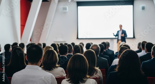Audience watching presentation on screen in a conference room with a speaker at the front stage