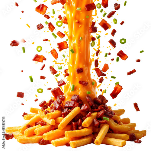 A close-up shot of a pile of bacon and cheese fries.