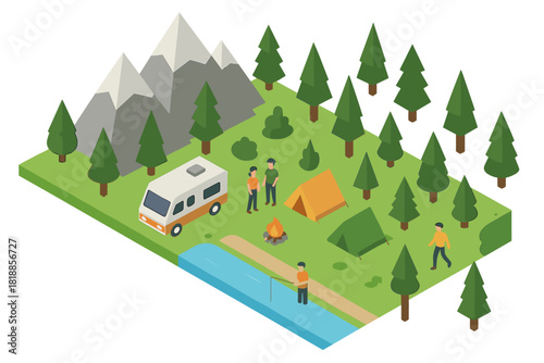Summer vacation camping and fishing in a natural park landscape with mountains and trees