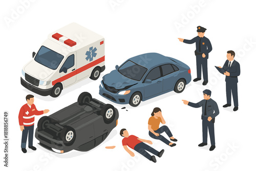 Serious car accident scene with damaged vehicles, ambulance, police officers, and injured victims