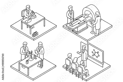 Isometric set of scientific research, medical diagnosis, chemical experiments, and educational presentation scenes