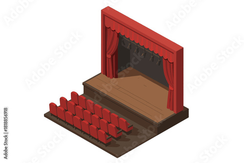 Empty theater stage with spotlights and rows of red velvet seats in isometric view