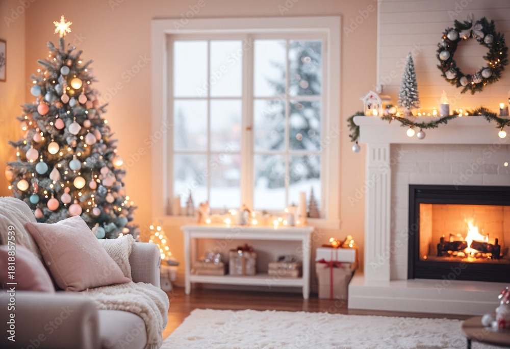 Fototapeta premium Elegant Christmas living room scene with a cozy fireplace and decorated tree creating a warm and inviting holiday atmosphere, perfect for family memories