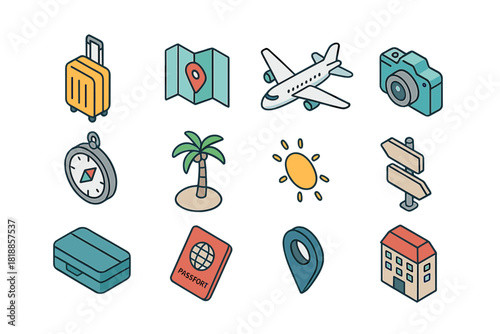 Isometric set of travel symbols: luggage, map, airplane, passport, camera, and compass