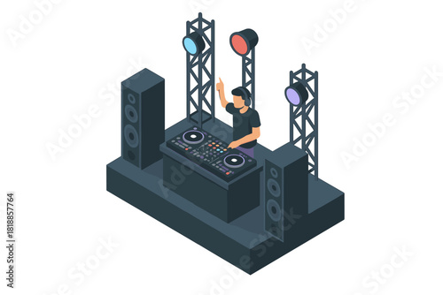 Disc jockey performing live music set on stage with professional audio equipment