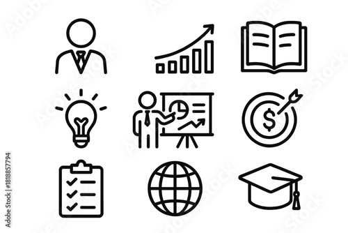 Business, education, and success symbols set featuring growth chart and target goal concepts