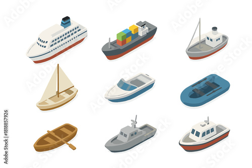 Set of various watercraft including cruise ship cargo boat sailboat and rowboat in isometric view