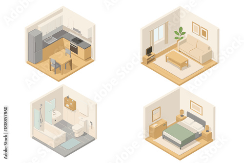 Isometric apartment interior layout featuring kitchen, living room, bedroom, and bathroom