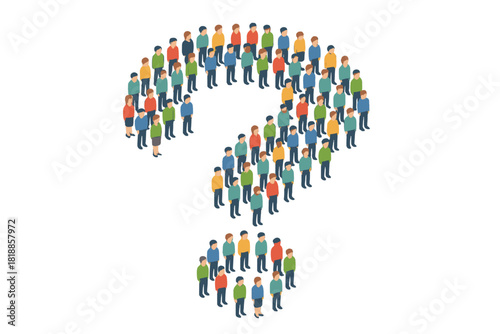 Diverse isometric people forming the shape of a question mark symbol on a white background