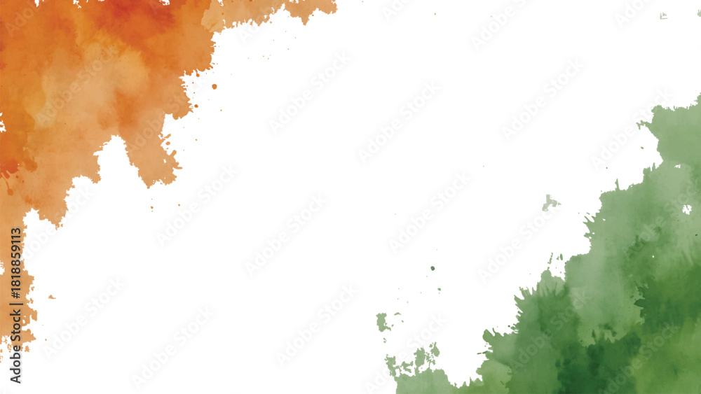 Obraz premium Watercolor abstract background with orange and green paint splashes and white copy space. india, flag, national, republic, independence, vector, patriotic, celebration, festival, tricolor, day,