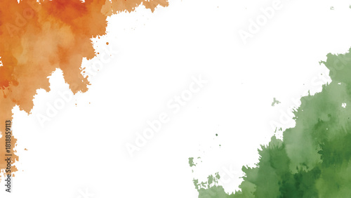 Watercolor abstract background with orange and green paint splashes and white copy space. india, flag, national, republic, independence, vector, patriotic, celebration, festival, tricolor, day,