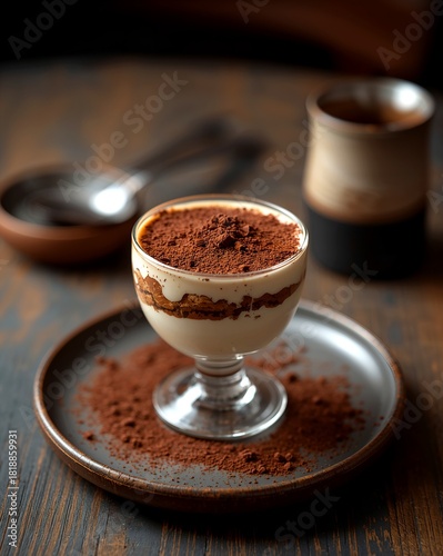 An elegant tiramisu dessert with cocoa powder