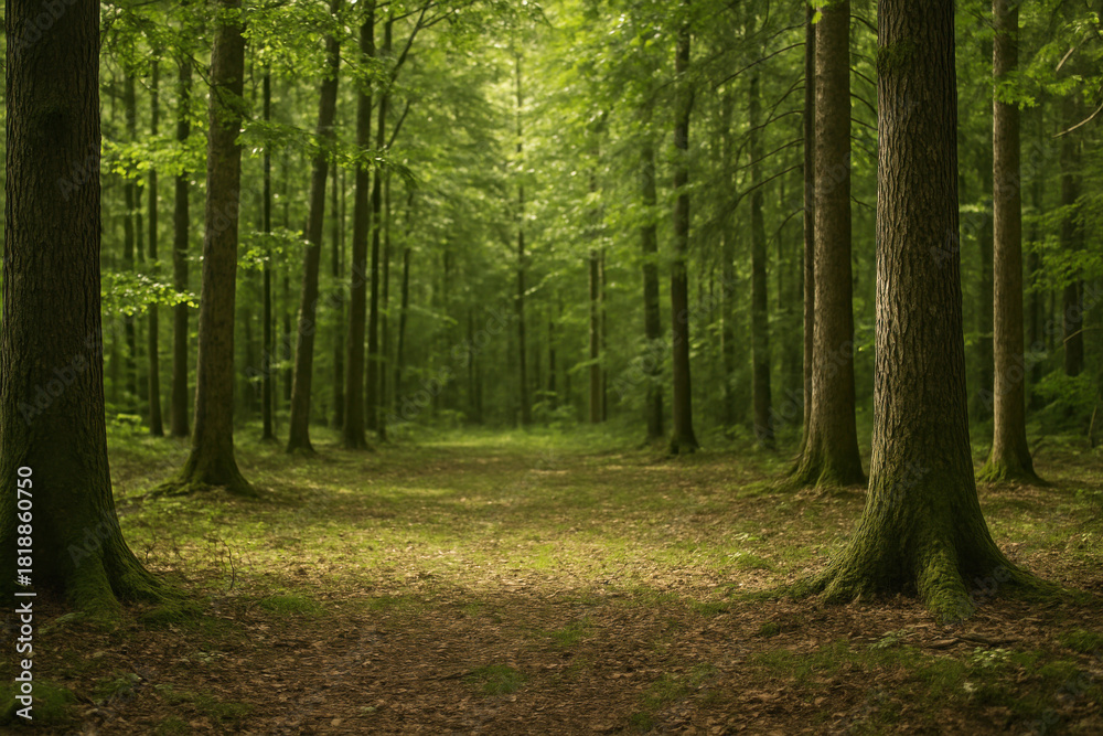 Naklejka premium Sunlit dirt path leading through a dense green forest with tall moss covered tree trunks