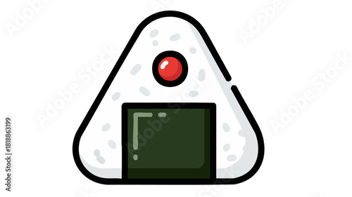 A simple cartoon illustration of a Japanese onigiri rice ball with nori seaweed and a red filling.