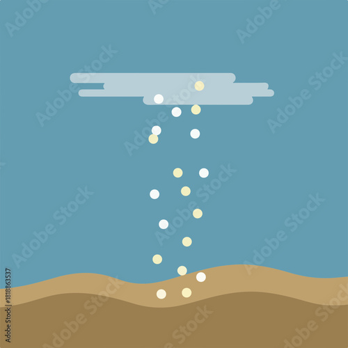 Manna from heaven shown as simple illustration with cloud and arid land. Manna is depicted falling from sky as small balls, representing divine provision and miraculous sustenance.
