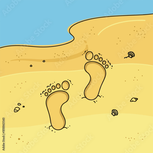 Footprints in sand create memories along seashore, showing steps on sandy beach, with shells adding detail. Footprints serve as metaphor for life's journey.
